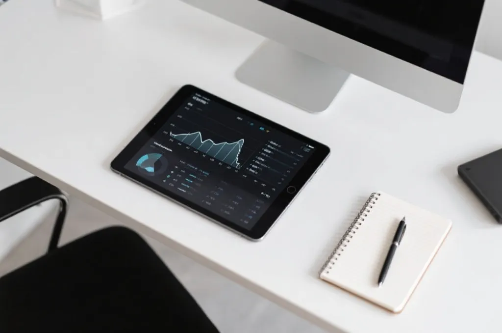 Minimalist desk with a tablet displaying clean data trend line graphs